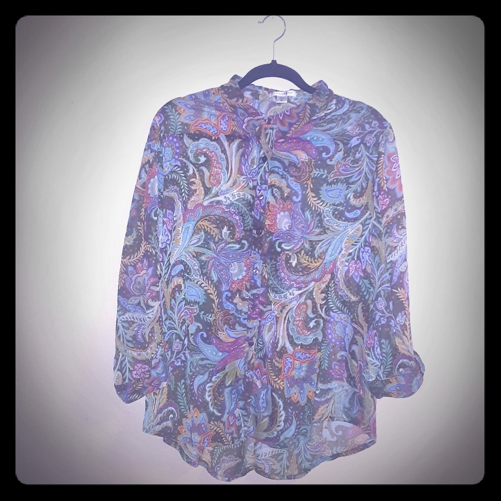 Hannah Sz XL Colorful Long Blouse Roll Tab Sleeves